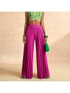 Hot Pink Casual Women's Pleated Elastic Waist Wide-Leg Pants